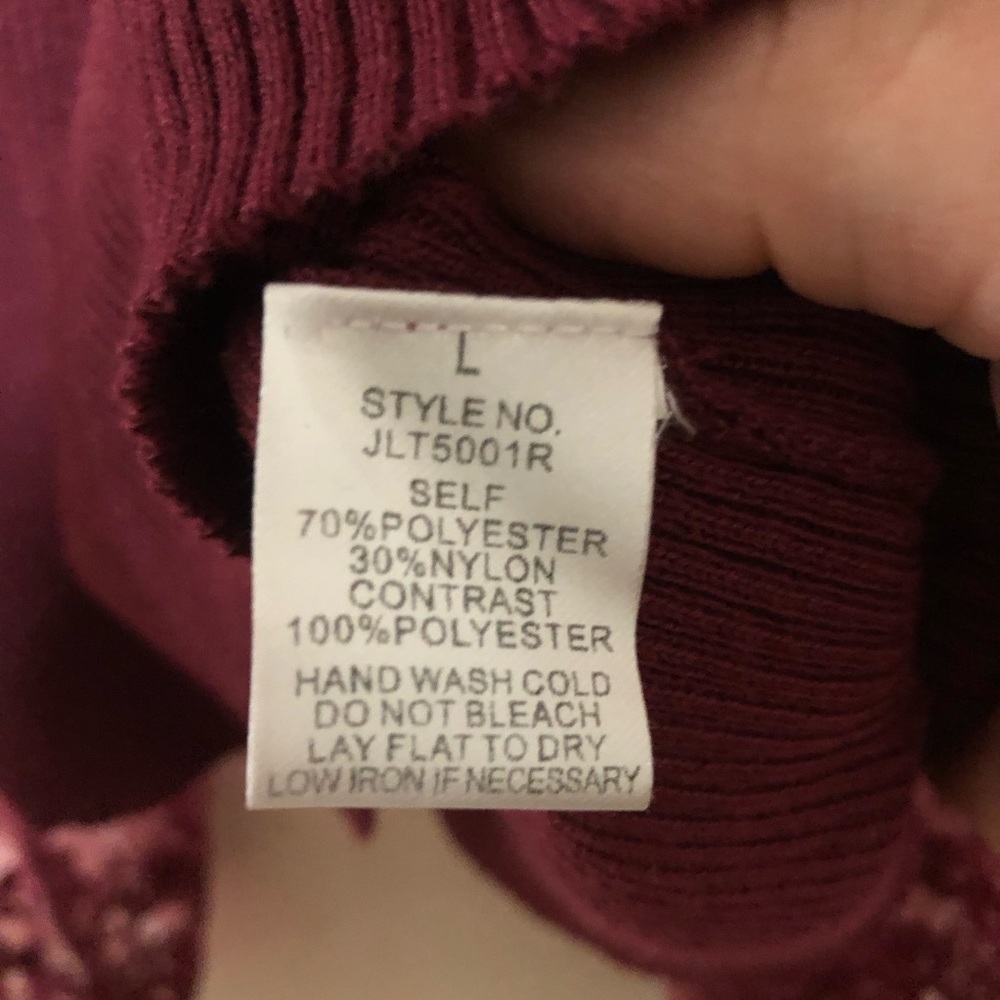 Peach crewneck Ribbed sweater burgundy size large Puffy Floral Sheer Lace sleeve - Picture 6 of 9